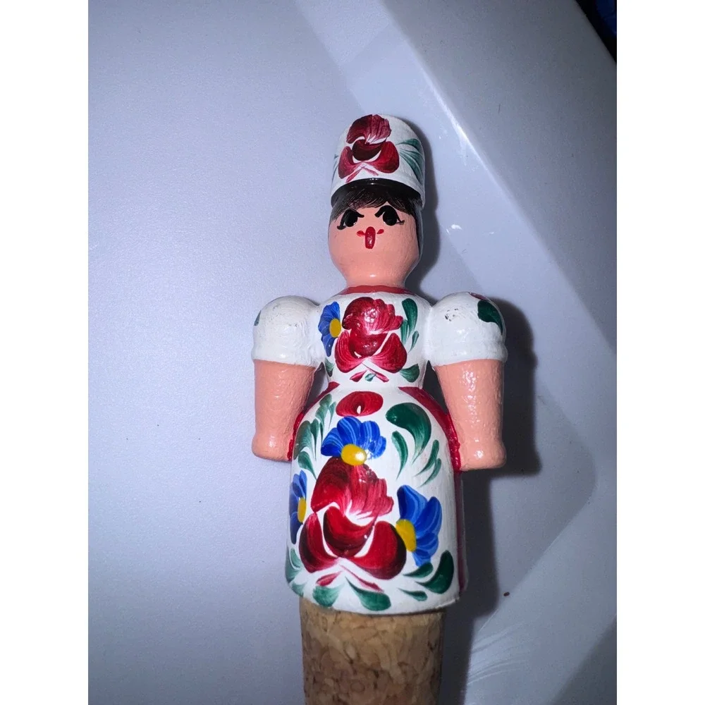 Vintage Hungarian Folk Art Hand Painted Wooden Wine Bottle Stopper Woman Hungary